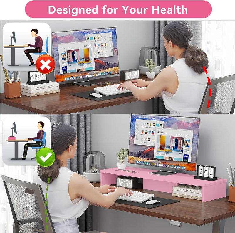 Qupui Dual Monitor Stand Riser, Large Computer Monitor Stand for Desk, Monitor Riser for 2 Monitors, Wood Desk Shelf for Top of Desk, Desktop Organizer for Computer, Laptop, Printer, TV, Pink - Image 5